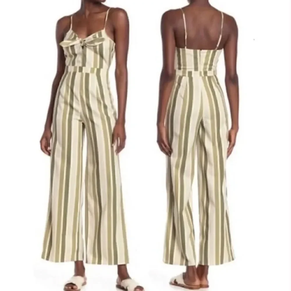 Romeo & Juliet Couture Olive Green Striped Wide Leg Jumpsuit Size Medium NWT